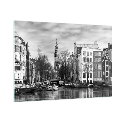 Impression sur verre - Image sur verre - Vue en noir et blanc d'un canal à Amsterdam - 100x70cm - Climat d'Amsterdam - Décoration murale moderne pour le salon et la chambre ARTTOR