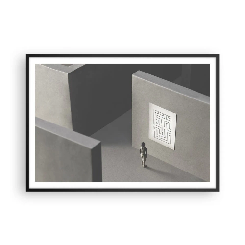 Affiche dans un cadre noir - Poster - Une figure dans un labyrinthe regardant une carte suspendue - 100x70cm - Mais où suis-je? - Décoration murale moderne pour le salon et la chambre ARTTOR