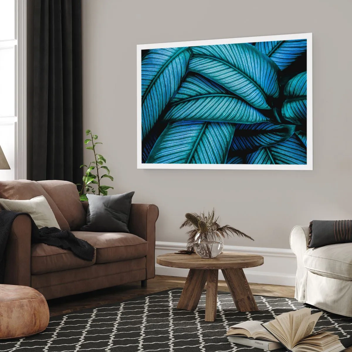 Affiche - Poster - Un gros plan de feuilles turquoise avec des détails vifs. - 100x70cm - Lignes de vie - Décoration murale moderne pour le salon et la chambre ARTTOR