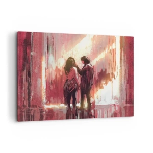 Impression sur toile - Image sur toile - Un couple debout dans une lumière chaude sur fond de motifs abstraits - 100x70cm - L'éternel spectacle de l'amour - Décoration murale moderne pour le salon et la chambre ARTTOR