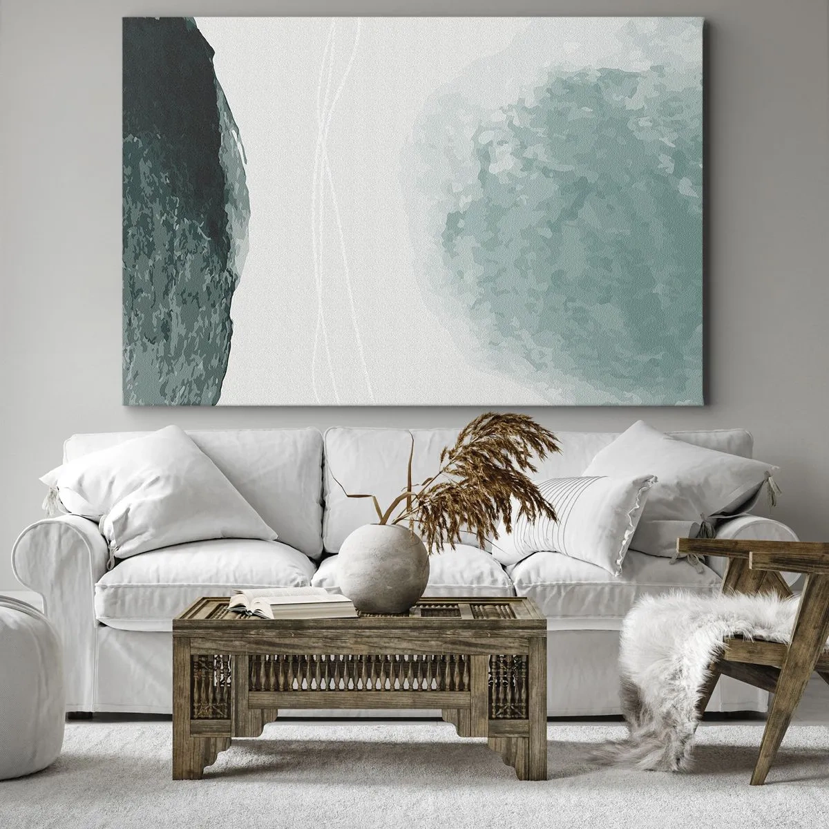 Impression sur toile - Image sur toile - Une délicate composition abstraite dans des tons de vert avec des formes subtiles sur un fond clair. - 70x50cm - Rencontre avec le brouillard - Décoration murale moderne pour le salon et la chambre ARTTOR