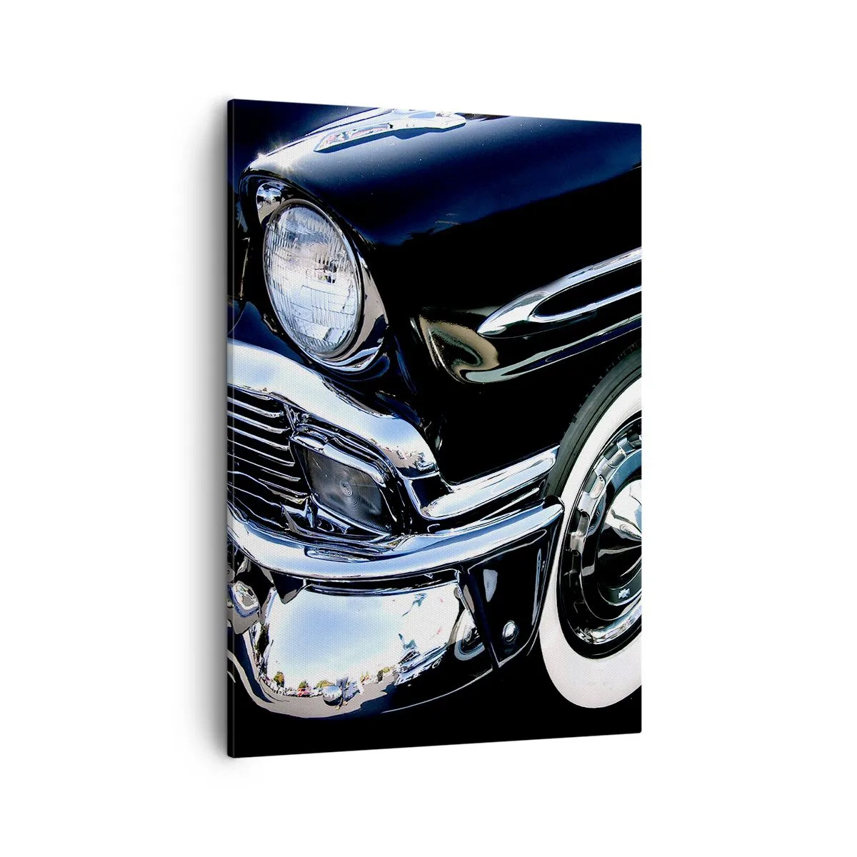 Impression sur toile - Image sur toile - Gros plan du phare et du garde-boue d'une voiture classique noire - 50x70cm - Classique en argent, noir et blanc - Décoration murale moderne pour le salon et la chambre ARTTOR