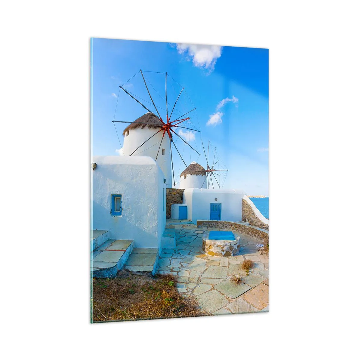 Impression sur verre - Image sur verre - Moulins à vent sur la côte égéenne - 50x70cm - Le vent bleu de la mer - Décoration murale moderne pour le salon et la chambre ARTTOR