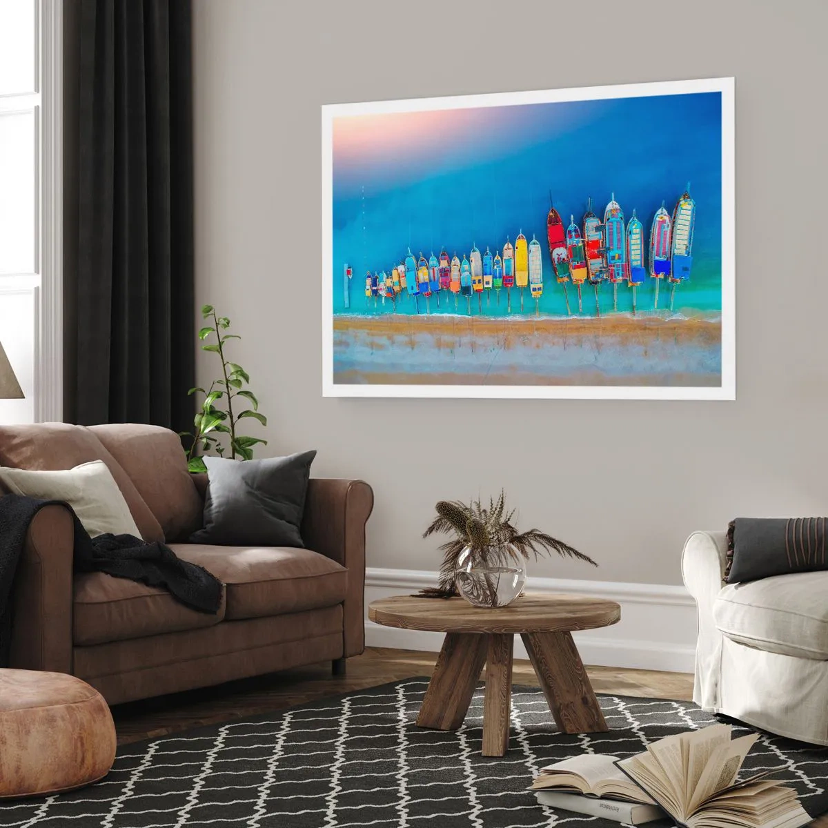 Affiche - Poster - Des bateaux colorés alignés en rangée sur le rivage - 100x70cm - Une vue à vol d'oiseau - Décoration murale moderne pour le salon et la chambre ARTTOR