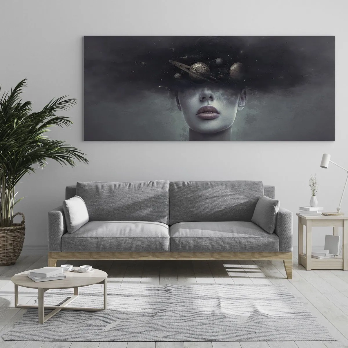 Impression sur verre - Image sur verre - Un visage de femme avec un motif de planète et d'espace en arrière-plan - 140x50cm - Et les planètes deviennent folles... - Décoration murale moderne pour le salon et la chambre ARTTOR