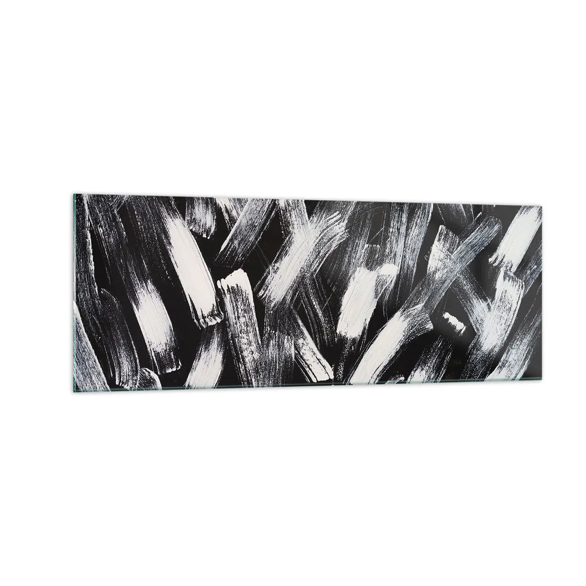 Impression sur verre - Image sur verre - Abstraction dynamique avec des coups de pinceau blancs sur fond noir. - 140x50cm - L'abstraction dans l'esprit industriel - Décoration murale moderne pour le salon et la chambre ARTTOR