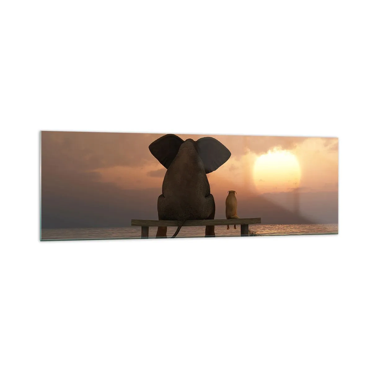 Impression sur verre - Image sur verre - Un éléphant et un chien sont assis sur un banc sur la plage au coucher du soleil. - 160x50cm - C'est bon de garder le silence ensemble - Décoration murale moderne pour le salon et la chambre ARTTOR