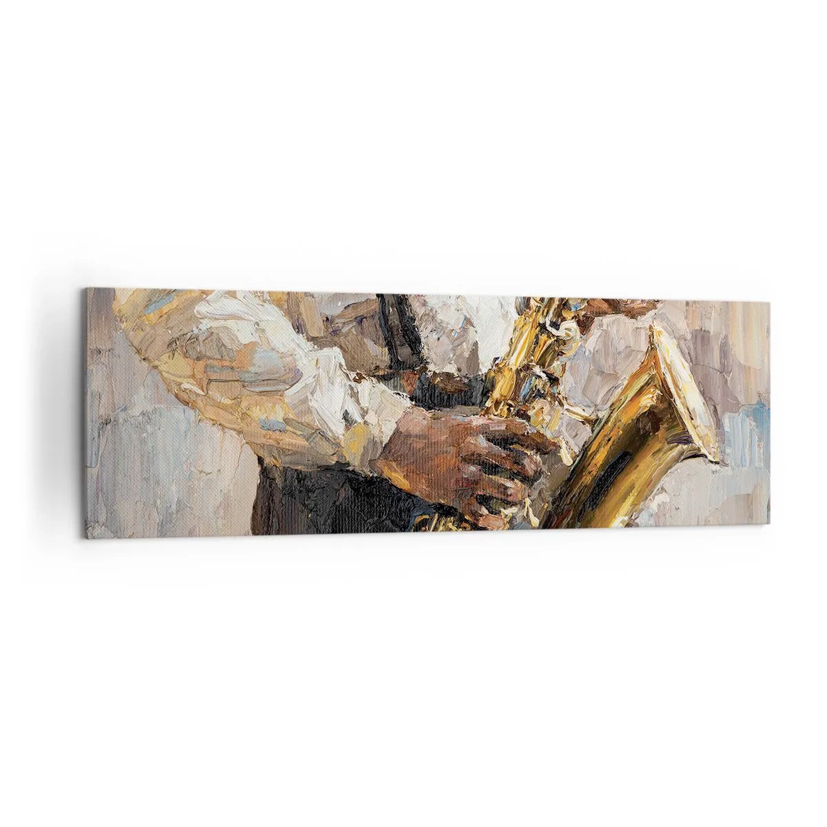 Impression sur toile - Image sur toile - Un musicien jouant du saxophone dans un style artistique - 160x50cm - C'est l'heure du solo - Décoration murale moderne pour le salon et la chambre ARTTOR