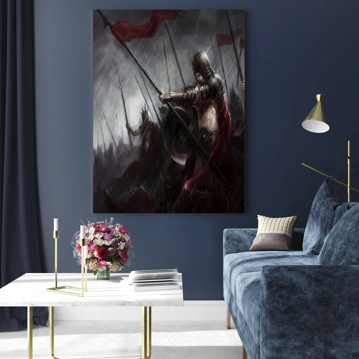 Impression sur verre - Image sur verre - Chevaliers sous la pluie sur le champ de bataille en tenue complète - 50x70cm - Passant, dis à Sparte… - Décoration murale moderne pour le salon et la chambre ARTTOR