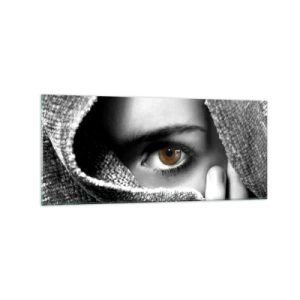 Impression sur verre - Image sur verre - Portrait d'une femme à l'oeil ambré recouvert d'un tissu aux tons gris. - 120x50cm - Apprenez le secret - Décoration murale moderne pour le salon et la chambre ARTTOR
