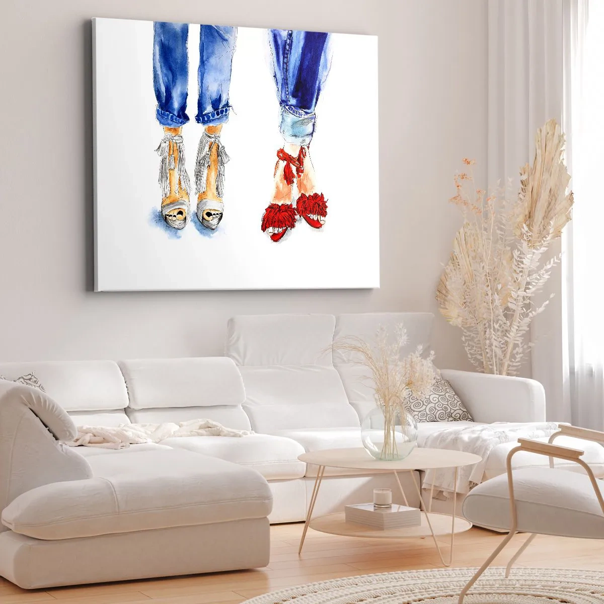 Impression sur toile - Image sur toile - Illustration de deux paires de chaussures dans des sandales élégantes et un jean - 70x50cm - Peut-être irons-nous nous promener? - Décoration murale moderne pour le salon et la chambre ARTTOR
