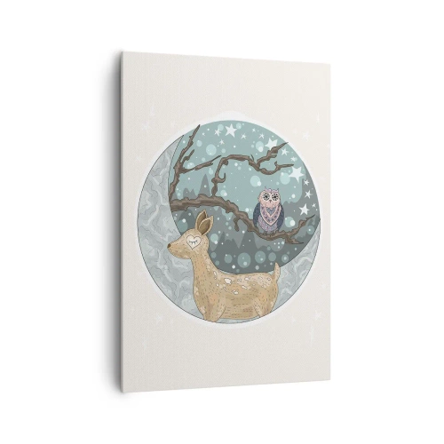 Impression sur toile - Image sur toile - Un cerf et un hibou dans un paysage nocturne de conte de fées - 70x100cm - Une nuit de conte de fées en forêt  - Décoration murale moderne pour le salon et la chambre ARTTOR