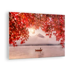 Impression sur verre - Image sur verre - Mont Fuji avec un bateau sur un lac entouré de feuilles rouges - 70x50cm - Dans le climat japonais - Décoration murale moderne pour le salon et la chambre ARTTOR