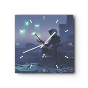 Horloge murale - Pendule murale - Une silhouette encapuchonnée avec des oiseaux magiques en arrière-plan d'une ville - 30x30cm - La vie reviendra - Décoration murale moderne pour le salon et la chambre ARTTOR