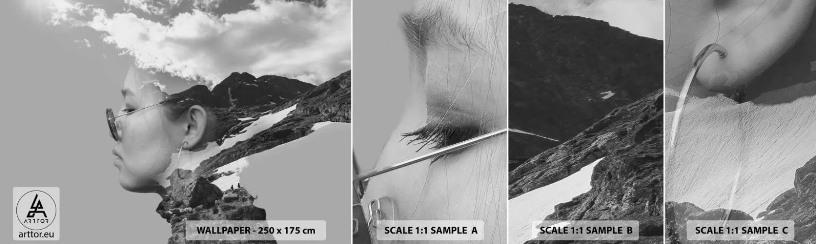 Échantillon de Papier Peint Autocollant Deluxe Sticker - Portrait de montagnes et nuages - Abstraction, Tête de femme, Fantaisie - 100x30 cm