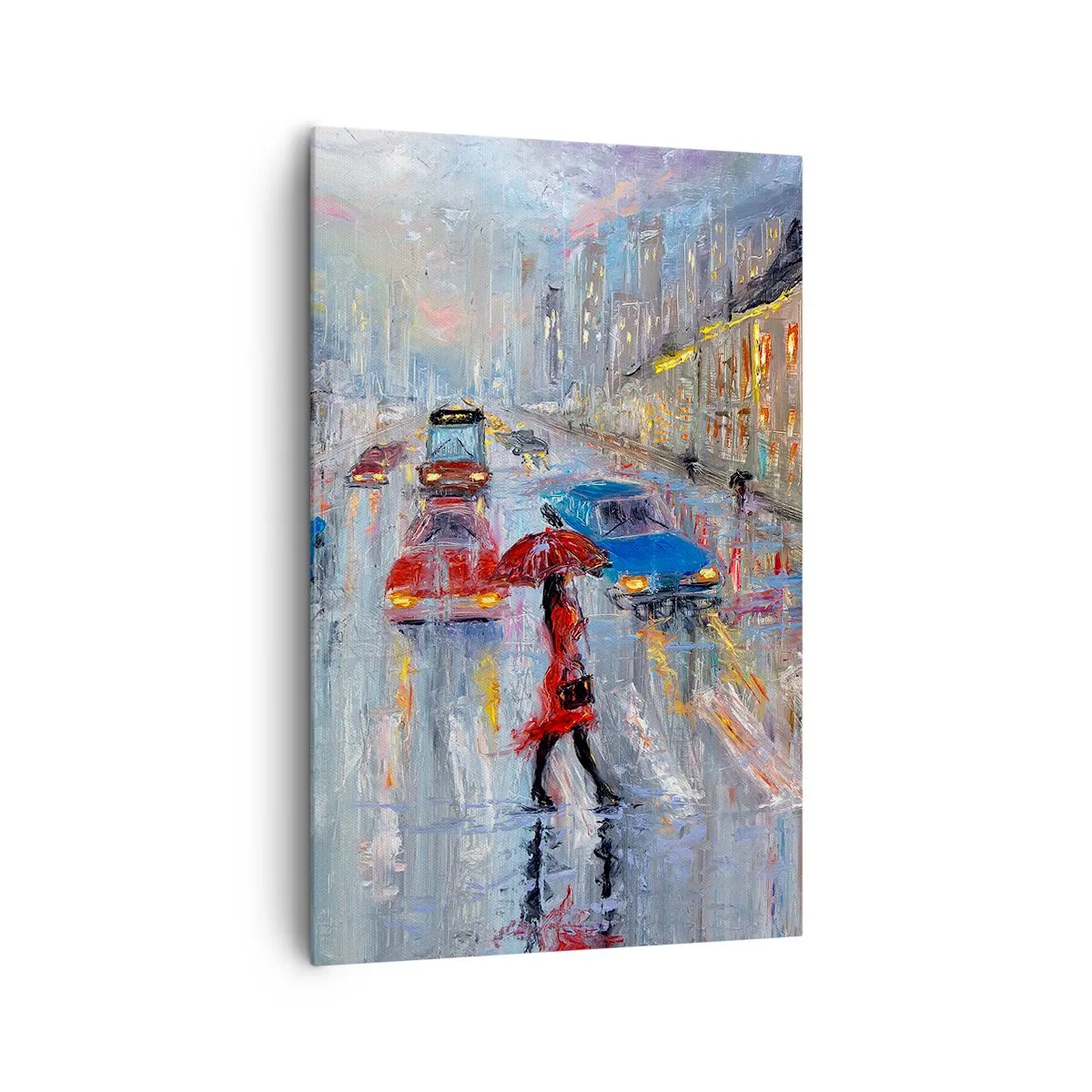 Impression sur toile - Image sur toile - Une femme avec un parapluie dans une rue pluvieuse à la lumière du néon. - 80x120cm - Après-midi pluvieux en ville - Décoration murale moderne pour le salon et la chambre ARTTOR