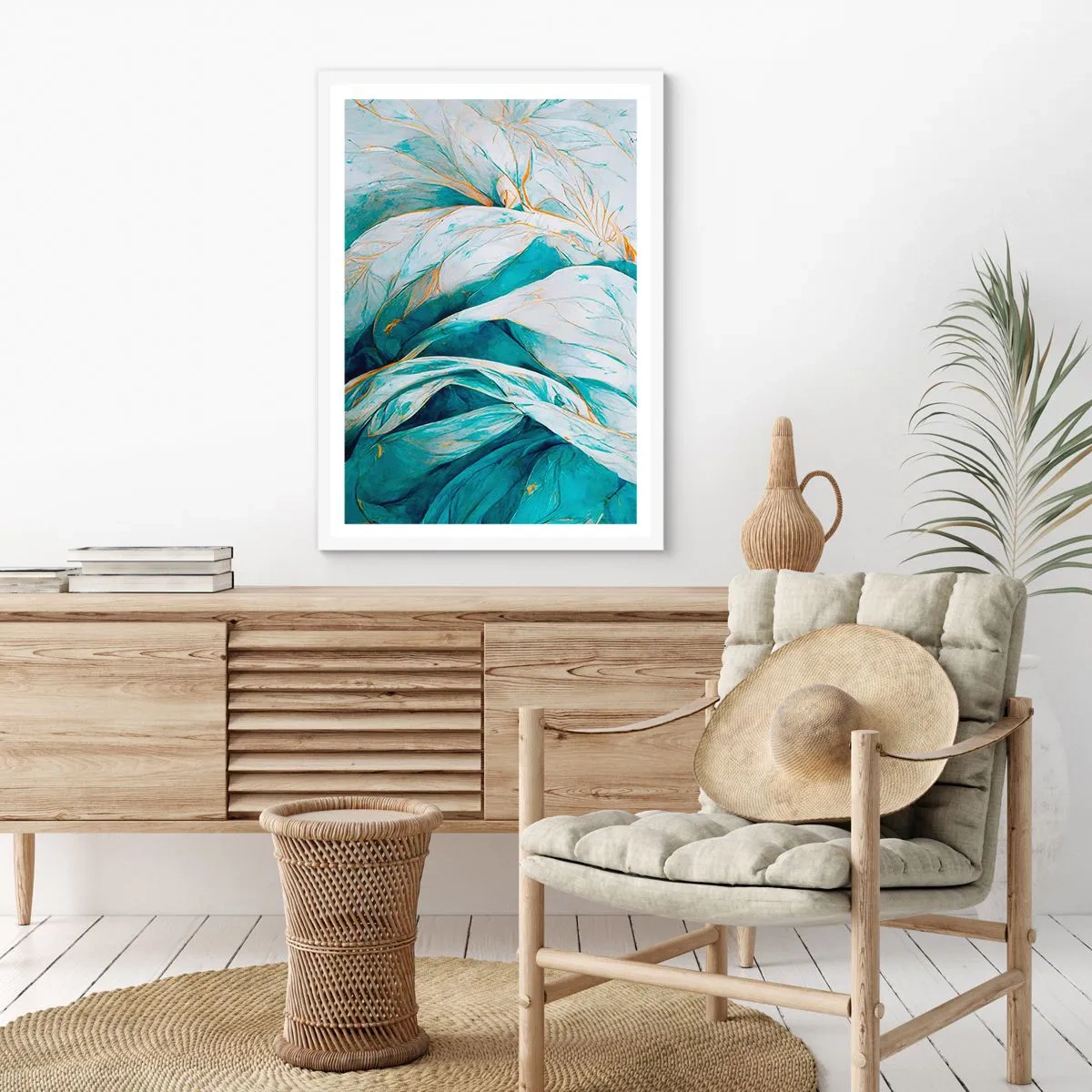 Affiche dans un cadre blanc - Poster - Abstraction bleue avec un motif doré - 70x100 cm