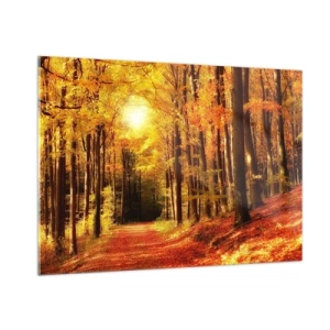 Impression sur verre - Image sur verre - Forêt d'automne baignée de soleil doré - 100x70cm - Automne doré sur une route forestière - Décoration murale moderne pour le salon et la chambre ARTTOR