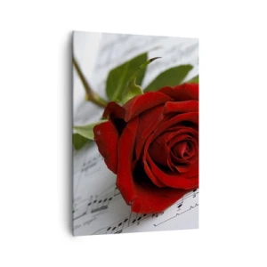 Impression sur toile - Image sur toile - Une rose rouge sur fond de notes de musique sur papier blanc. - 70x100cm - Musique des sentiments en écarlate - Décoration murale moderne pour le salon et la chambre ARTTOR