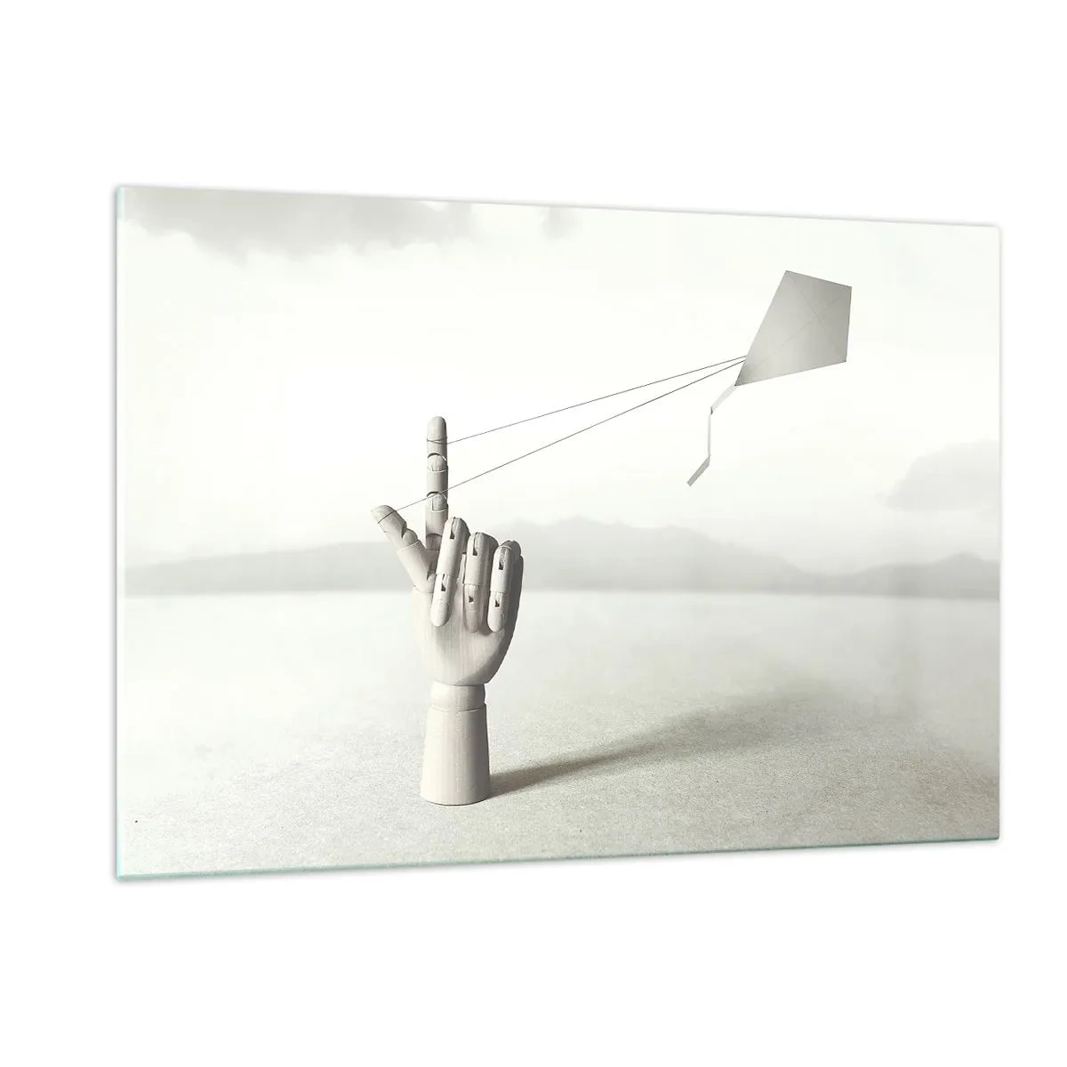 Impression sur verre - Image sur verre - Une main en bois tenant un cerf-volant flottant sur son doigt - 120x80cm - Épreuve de force - Décoration murale moderne pour le salon et la chambre ARTTOR
