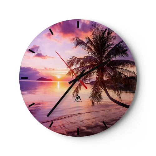 Horloge murale - Pendule murale - Palmier au bord de la mer au coucher du soleil - 30x30cm - Le bonheur à l'horizon - Décoration murale moderne pour le salon, la cuisine et la chambre ARTTOR
