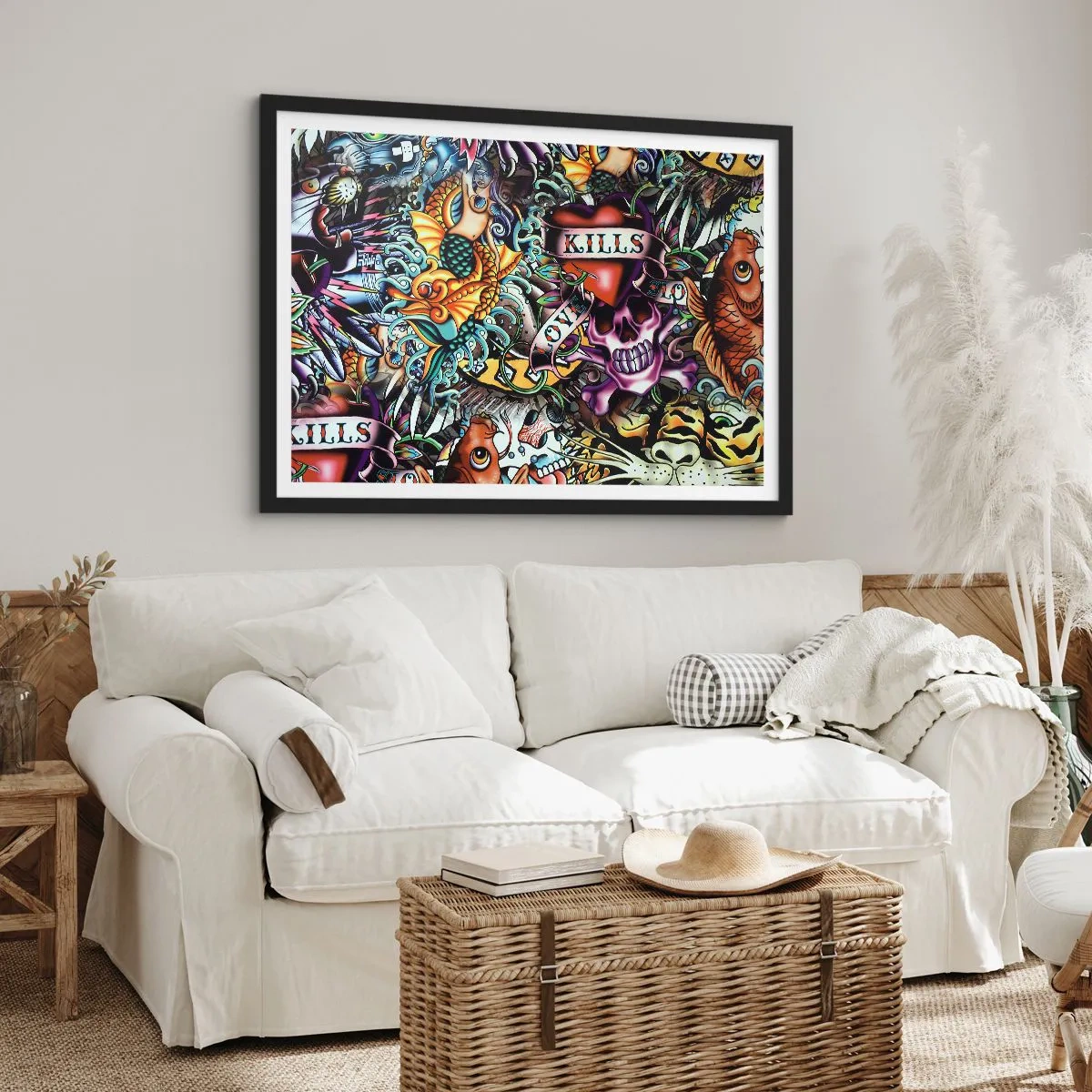 Affiche dans un cadre noir - Poster - Œuvre d'art colorée de style tatouage avec des crânes et des motifs nautiques - 70x50cm - Le rêve du tatoueur - Décoration murale moderne pour le salon et la chambre ARTTOR