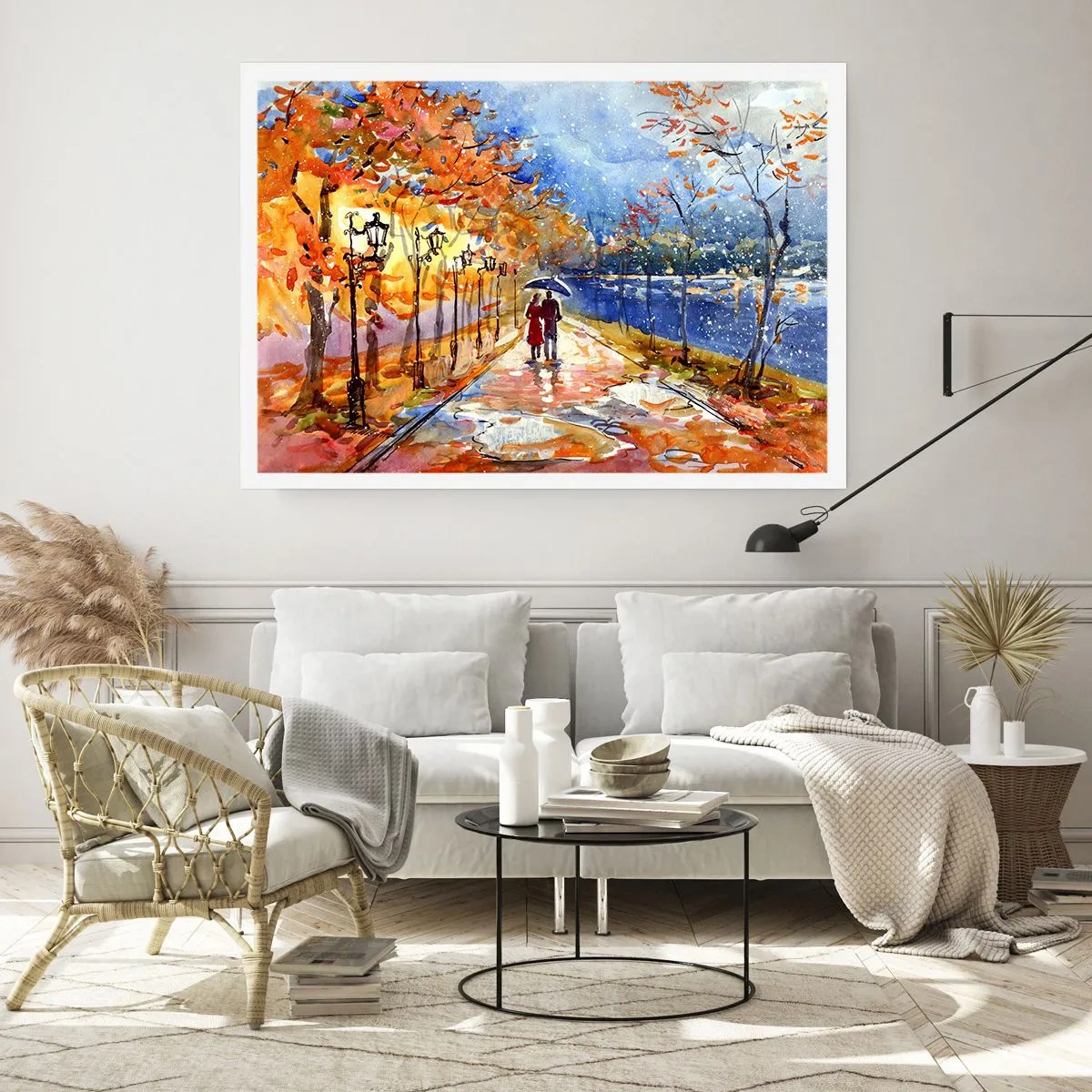 Affiche - Poster - Une promenade d'automne dans le parc au bord de la rivière sous un parasol - 100x70cm - Ensemble jusqu'au bout du temps - Décoration murale moderne pour le salon et la chambre ARTTOR