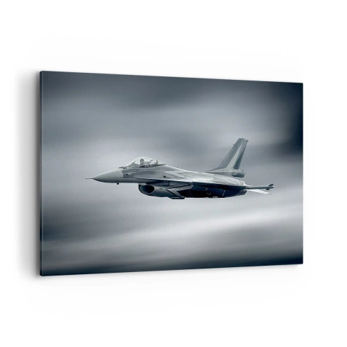 Impression sur toile - Image sur toile - Un avion de chasse en vol contre un ciel nuageux - 120x80cm - Acceptez-vous le défi? - Décoration murale moderne pour le salon et la chambre ARTTOR