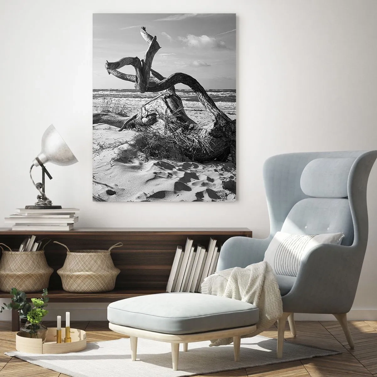 Impression sur verre - Image sur verre - Paysage noir et blanc avec un arbre mort sur la plage - 70x100cm - Sculpture marine - Décoration murale moderne pour le salon et la chambre ARTTOR