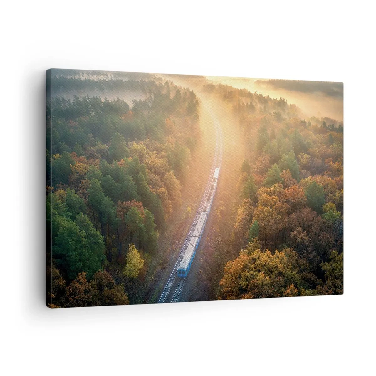 Impression sur toile - Image sur toile - Un train dans une forêt d'automne à l'aube - 70x50cm - Voyage printannier - Décoration murale moderne pour le salon et la chambre ARTTOR