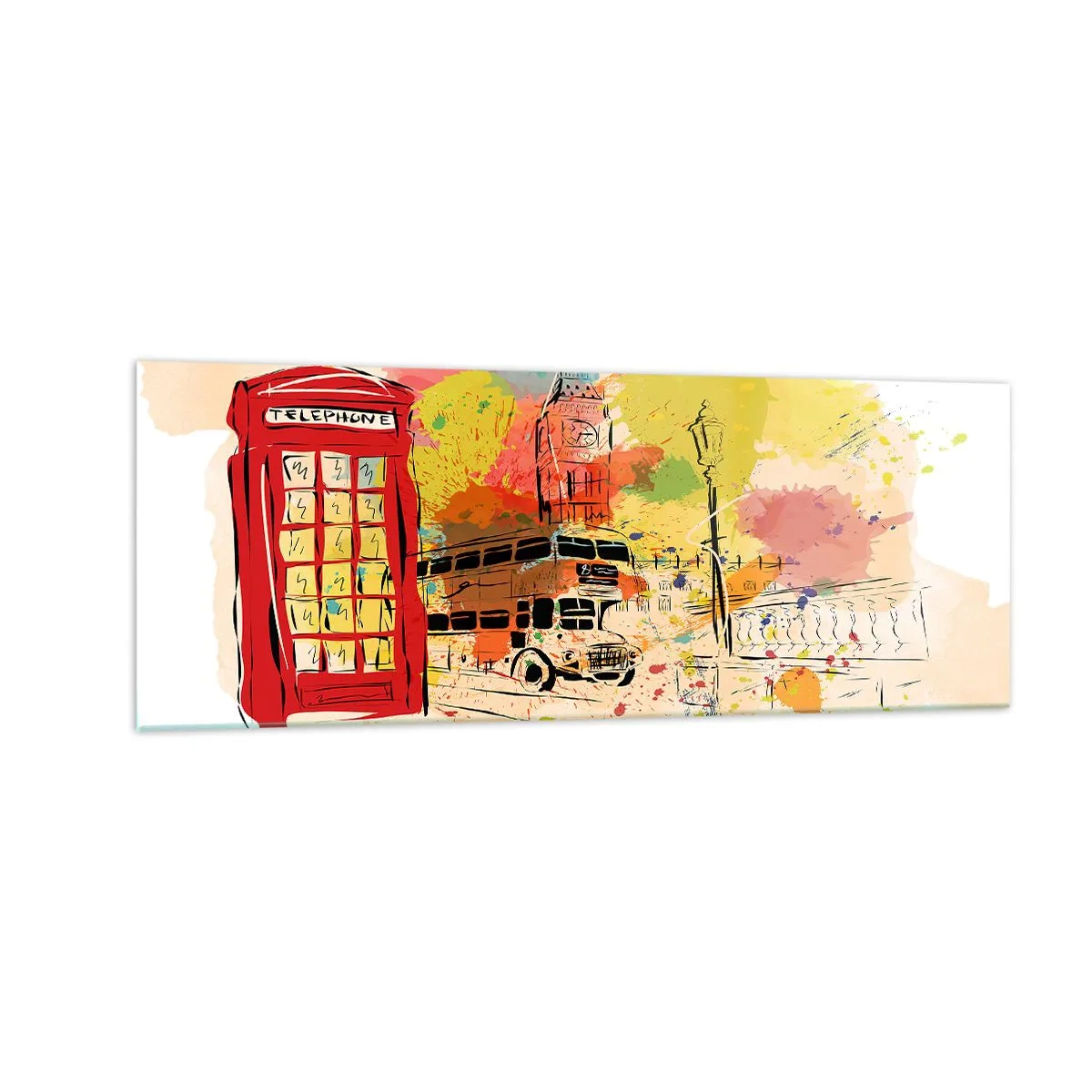 Impression sur verre - Image sur verre - Thème londonien avec bus rouge et stand - 140x50cm - La ville de la variété - Décoration murale moderne pour le salon et la chambre ARTTOR