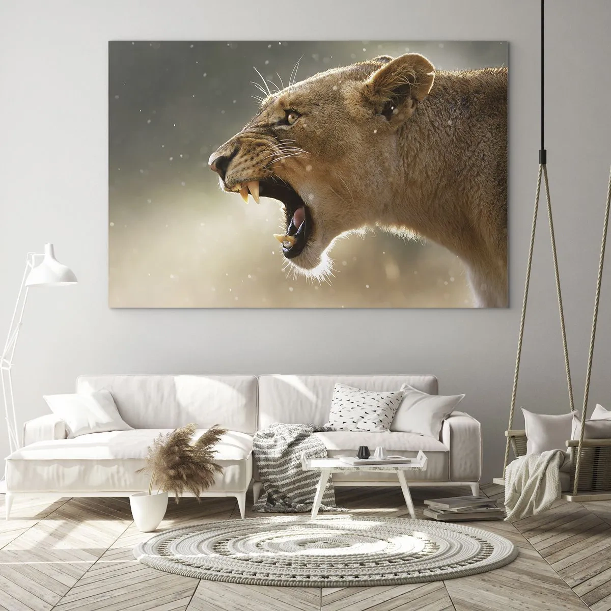 Impression sur verre - Image sur verre - Gros plan d'un lion rugissant sous les rayons du soleil - 70x50cm - Essayez  de ne pas écouter - Décoration murale moderne pour le salon et la chambre ARTTOR
