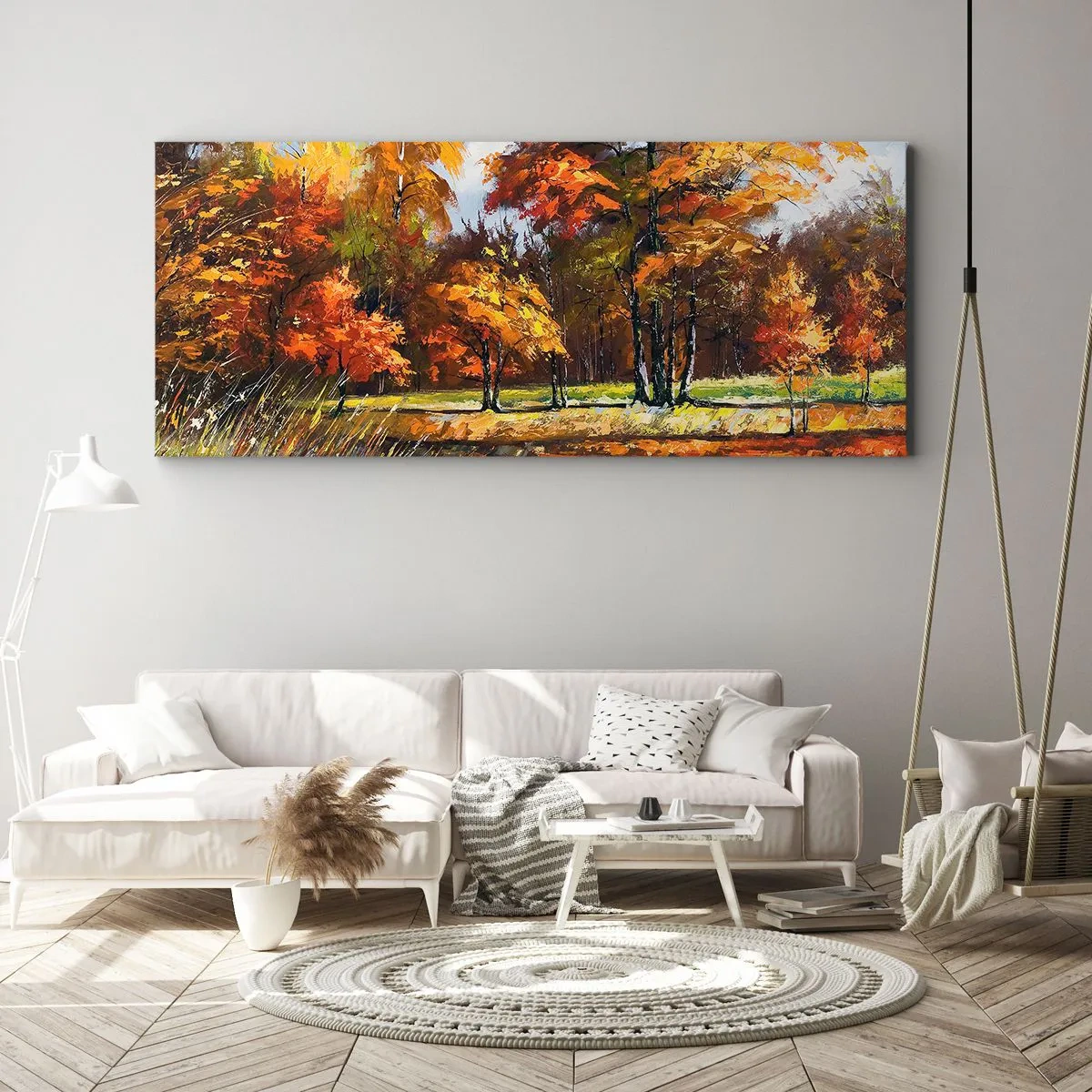 Impression sur toile - Image sur toile - Paysage d'automne avec des arbres colorés et un étang - 140x50cm - Paysage en or et bronze - Décoration murale moderne pour le salon et la chambre ARTTOR