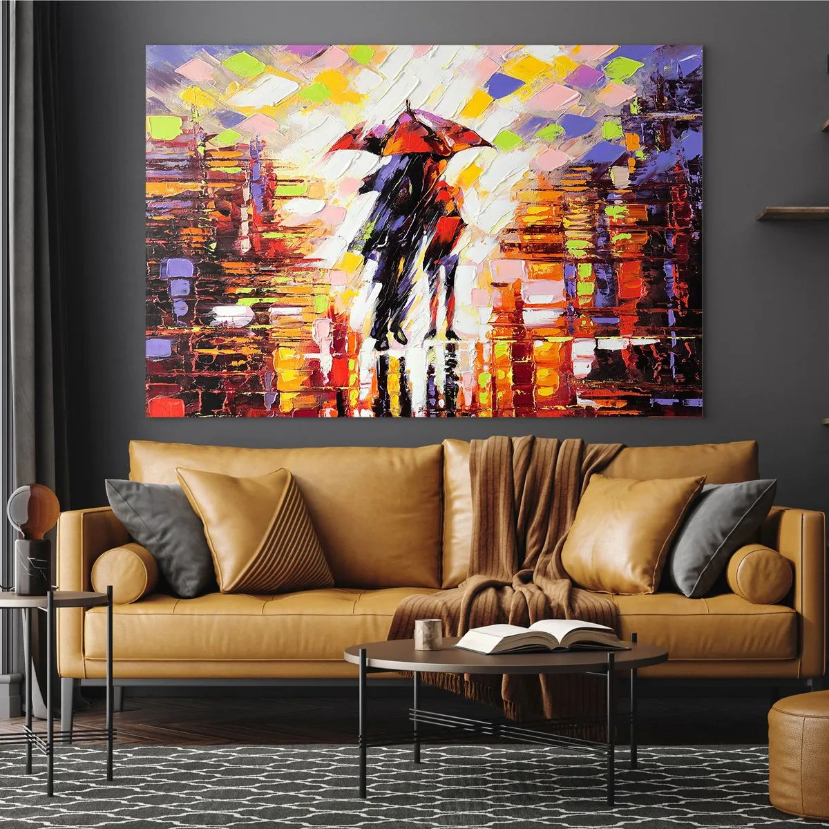 Impression sur verre - Image sur verre - Un couple sous un parapluie rouge dans une ville colorée - 100x70cm - Ensemble à travers la nuit et la pluie - Décoration murale moderne pour le salon et la chambre ARTTOR