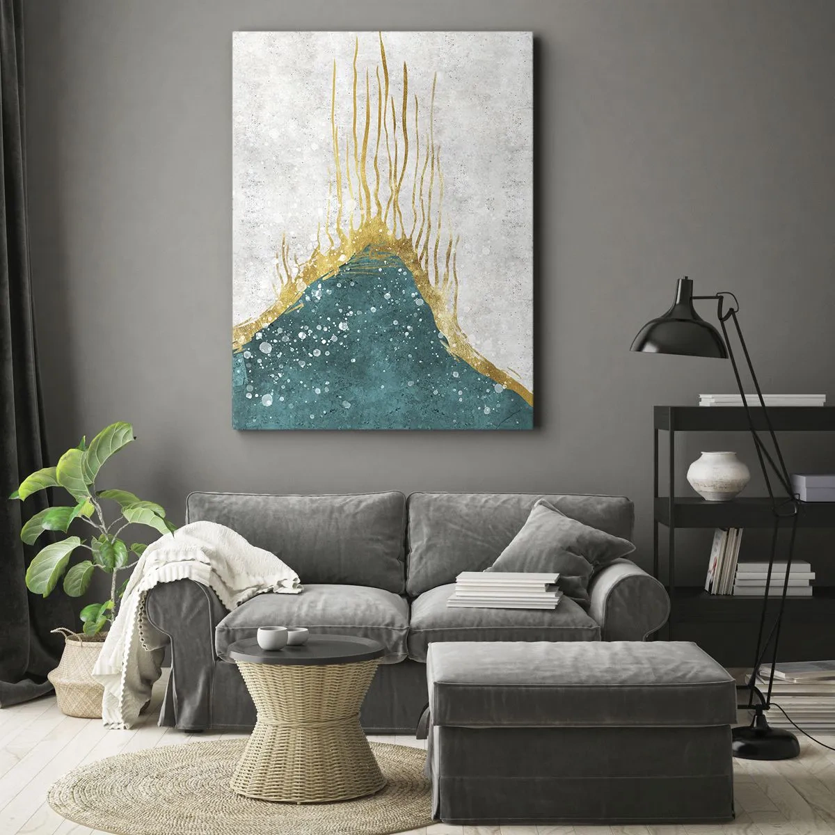 Impression sur toile - Image sur toile - Une composition abstraite dans des tons d'or et de turquoise - 50x70cm - Marée dorée - Décoration murale moderne pour le salon et la chambre ARTTOR