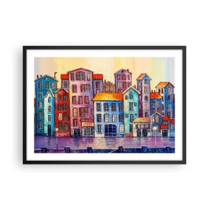 Affiche dans un cadre noir - Poster - Maisons colorées au bord de l'eau dans un style artistique - 70x50cm - Une ville comme dans un conte de fées - Décoration murale moderne pour le salon et la chambre ARTTOR