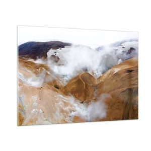 Impression sur verre - Image sur verre - Vue aérienne des collines et vallées islandaises fumantes - 100x70cm - Le charme brut de l'Islande - Décoration murale moderne pour le salon et la chambre ARTTOR