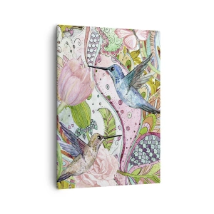 Impression sur toile - Image sur toile - Colibris et papillons colorés parmi les plantes - 50x70cm - Empêtré dans les vignes - Décoration murale moderne pour le salon et la chambre ARTTOR