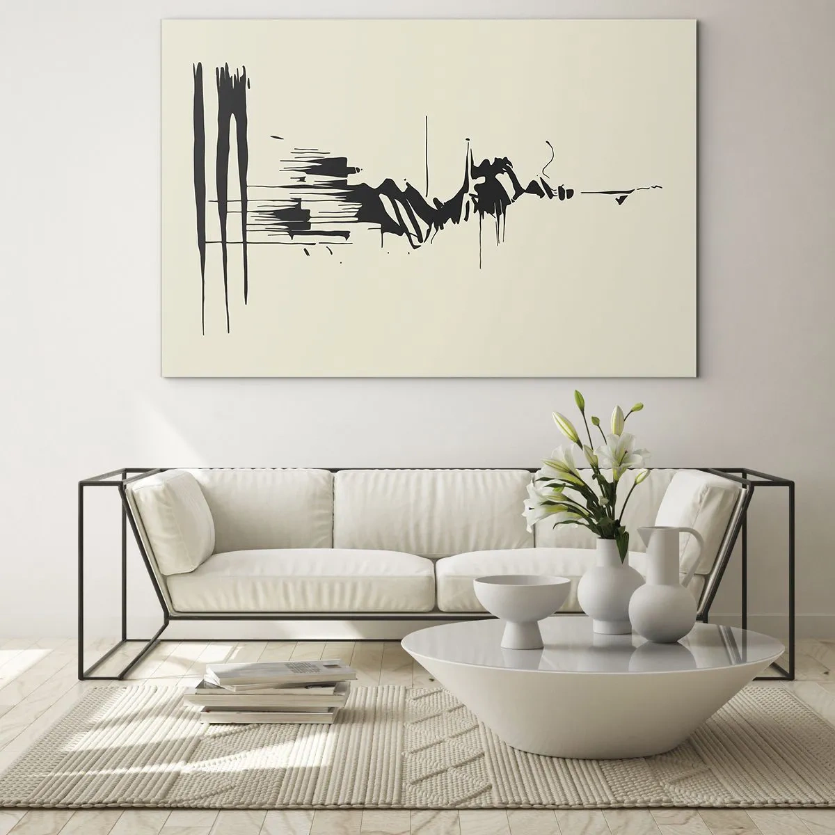 Impression sur verre - Image sur verre - Lignes et taches dynamiques noires sur fond clair dans un style abstrait. - 70x50cm - Abstraction hâtive - Décoration murale moderne pour le salon et la chambre ARTTOR