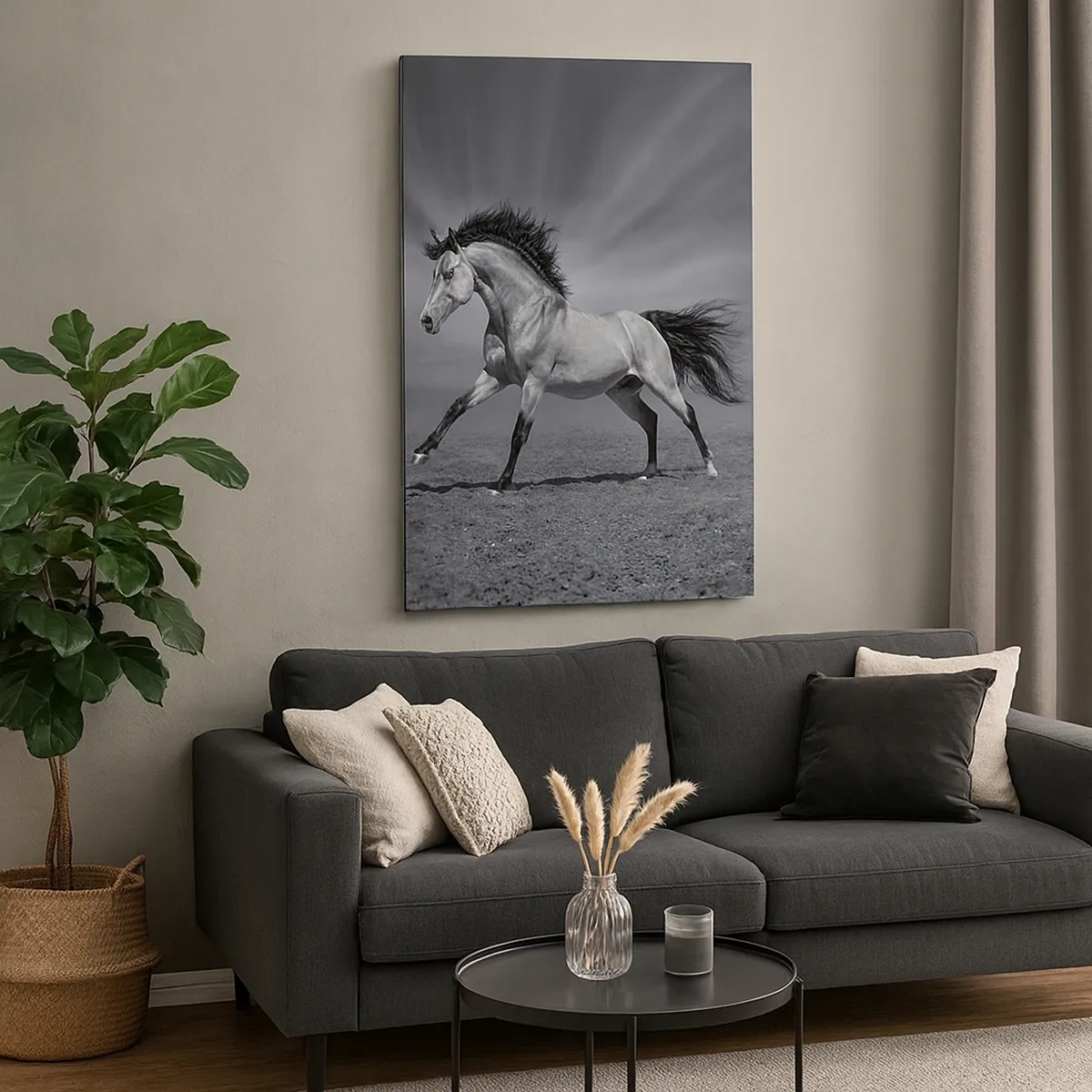 Impression sur toile - Image sur toile - Un cheval noir et blanc dans une pose dynamique dans le désert. - 50x70cm - Né pour séduire - Décoration murale moderne pour le salon et la chambre ARTTOR