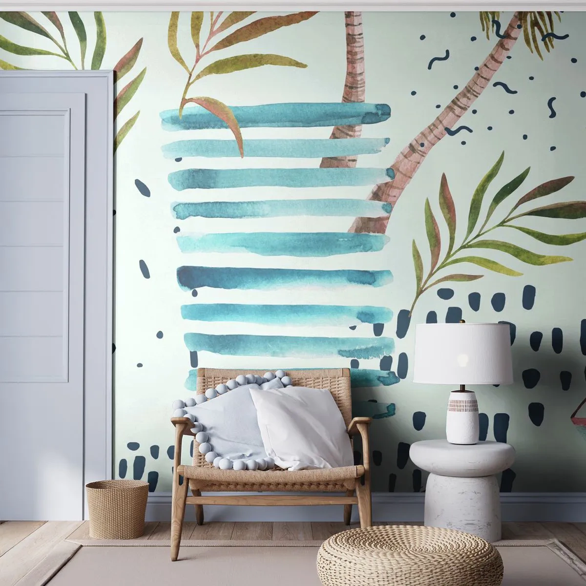 Papier Peint Autocollant Deluxe Sticker - Des vacances sous les palmiers - Aquarelles, Cocotier, Voilier - 250x175 cm