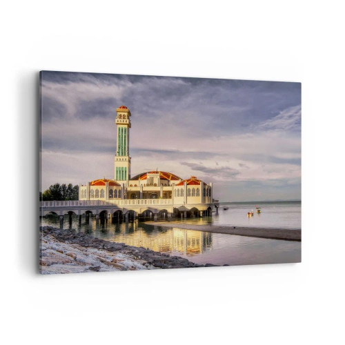 Impression sur toile - Image sur toile - Un bâtiment impressionnant avec un minaret sur l'eau entouré d'un paysage paisible - 120x80cm - Temple de la nature - Décoration murale moderne pour le salon et la chambre ARTTOR
