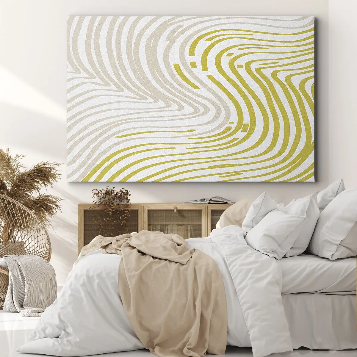 Impression sur toile - Image sur toile - Un motif abstrait avec des lignes ondulées dans des tons de jaune et de beige. - 120x80cm - Une composition au léger virage - Décoration murale moderne pour le salon et la chambre ARTTOR