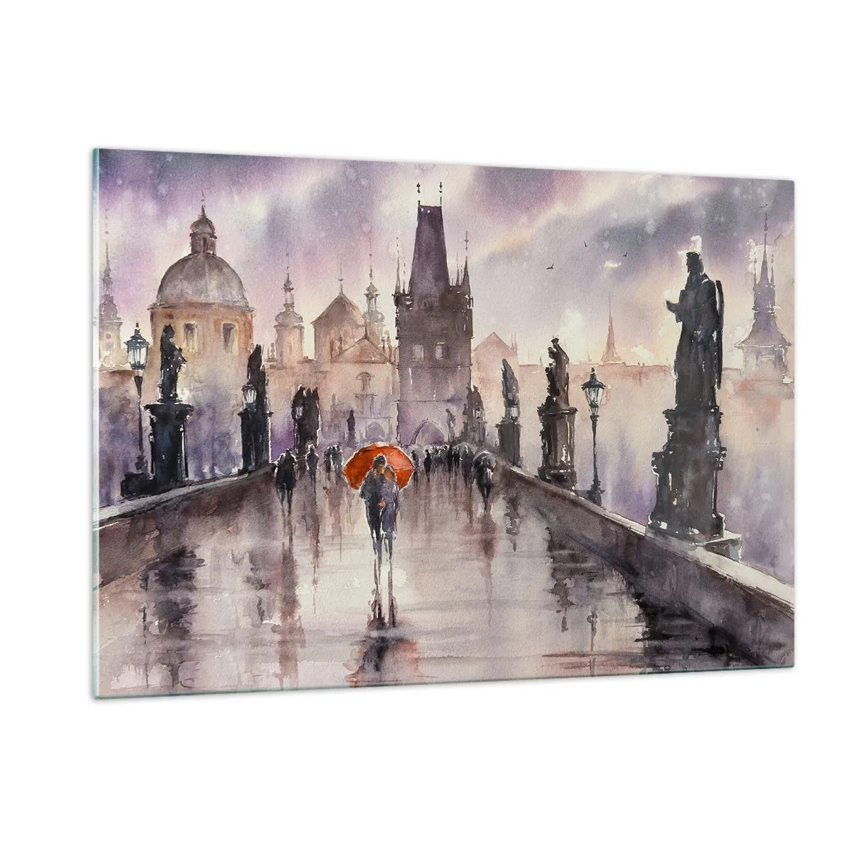 Impression sur verre - Image sur verre - Marcher sous la pluie sur un pont avec un parapluie orange - 120x80cm - Les gens ne changent pas - Décoration murale moderne pour le salon et la chambre ARTTOR