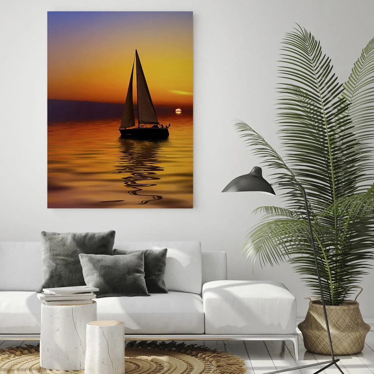 Impression sur verre - Image sur verre - Un voilier sur l'eau au coucher du soleil - 50x70cm - Comme c'est calme au crépuscule… - Décoration murale moderne pour le salon et la chambre ARTTOR