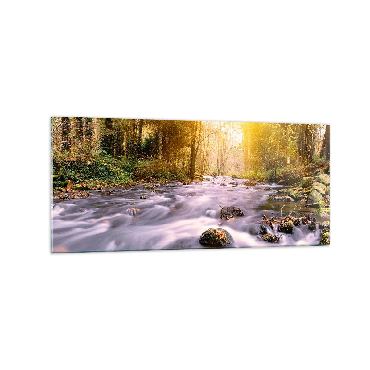 Impression sur verre - Image sur verre - Un ruisseau forestier illuminé par les rayons du soleil - 120x50cm - Malachite dans un cadre argent et or - Décoration murale moderne pour le salon et la chambre ARTTOR