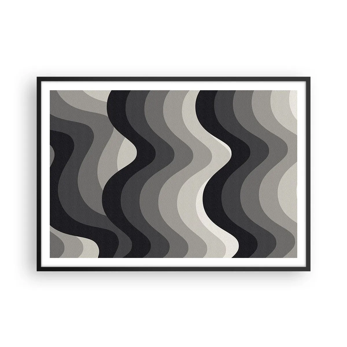 Affiche dans un cadre noir - Poster - Motifs ondulés noirs et blancs dans des tons de gris - 100x70cm - Vague après vague - Décoration murale moderne pour le salon et la chambre ARTTOR