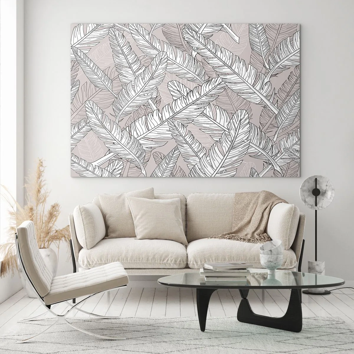 Impression sur verre - Image sur verre - Feuilles noires et blanches sur fond beige dans un style graphique - 70x50cm - Un tourbillon de plumes - Décoration murale moderne pour le salon et la chambre ARTTOR