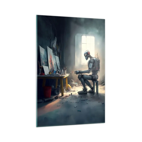 Impression sur verre - Image sur verre - Un robot peignant un tableau dans un atelier d'art - 70x100cm - L'acte de création - Décoration murale moderne pour le salon et la chambre ARTTOR