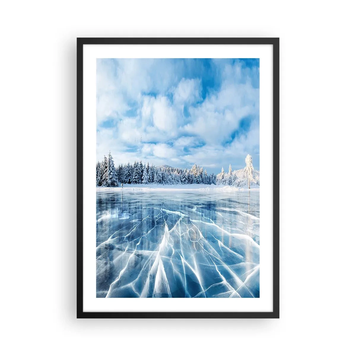 Affiche dans un cadre noir - Poster - Un lac gelé dans un paysage hivernal - 50x70cm - Vue éblouissante et cristalline - Décoration murale moderne pour le salon et la chambre ARTTOR